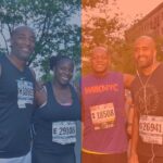 Marlon and three friends at the Brooklyn Half Marathon. All are wearing BIB numbers.